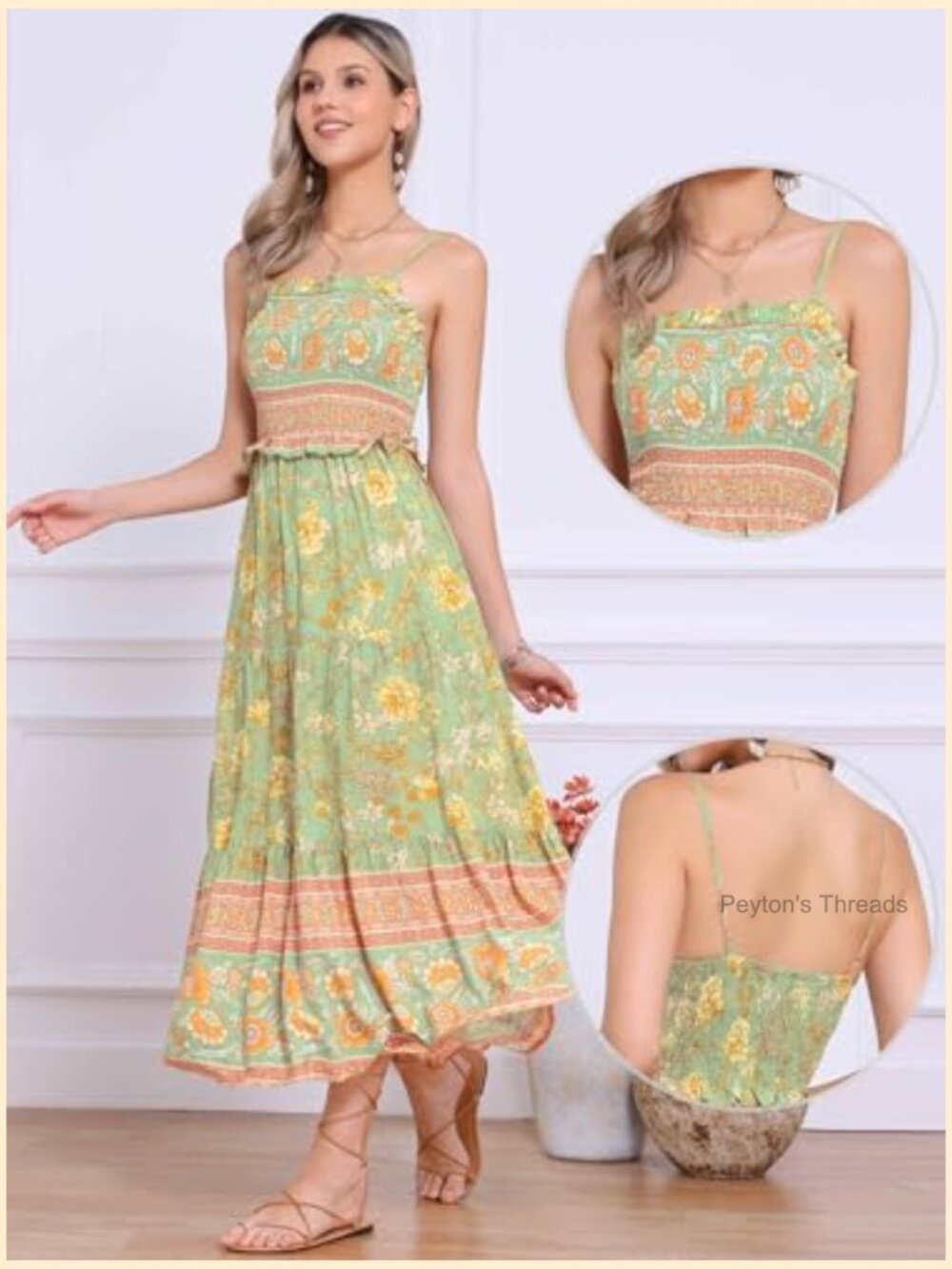 Boho Floral Smocked Tiered Maxi Dress Spaghetti Strap A-Line - Picture 4 of 5